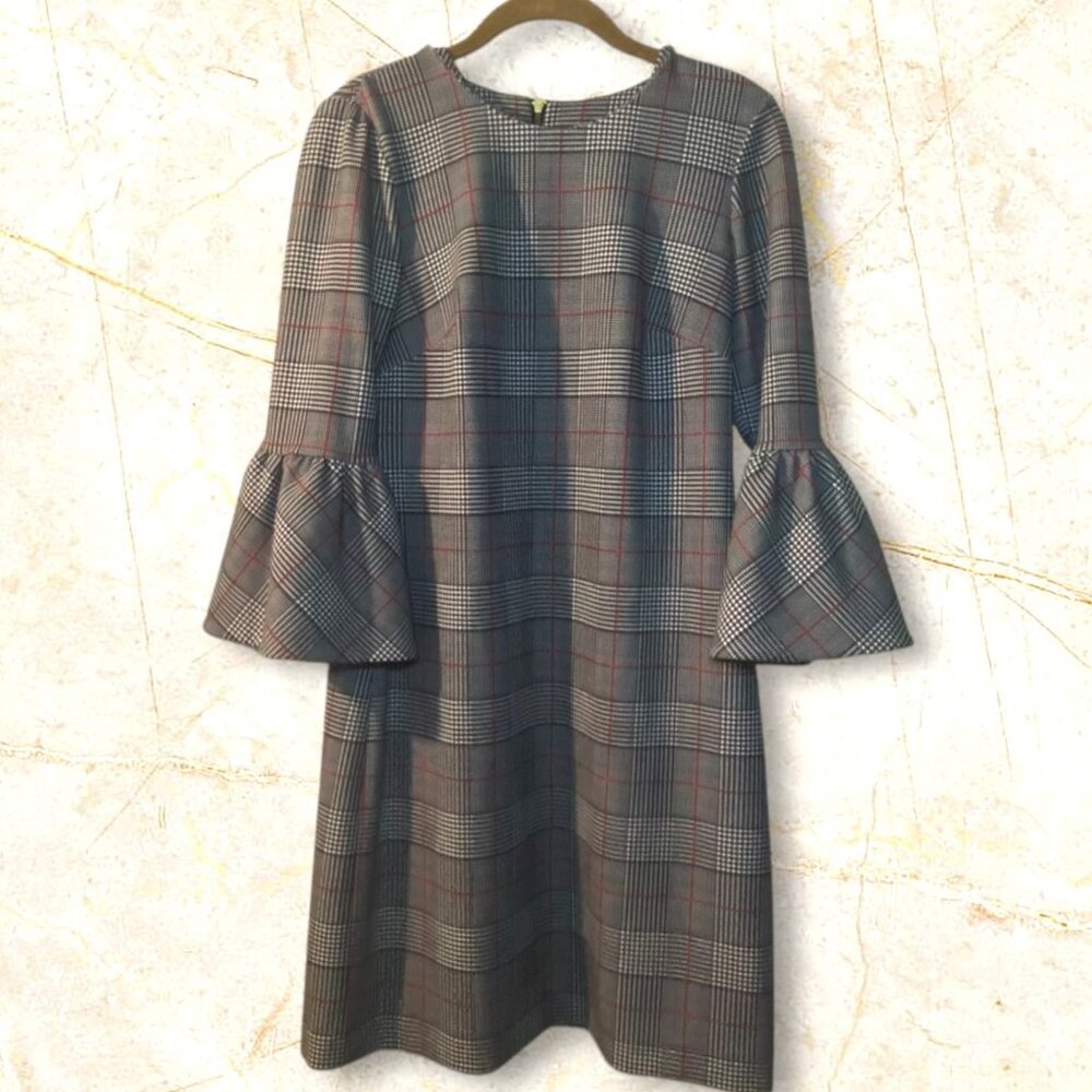 Calvin Klein Plaid Bell Sleeve Dress Houndstooth Pattern Knee Length Back Zip